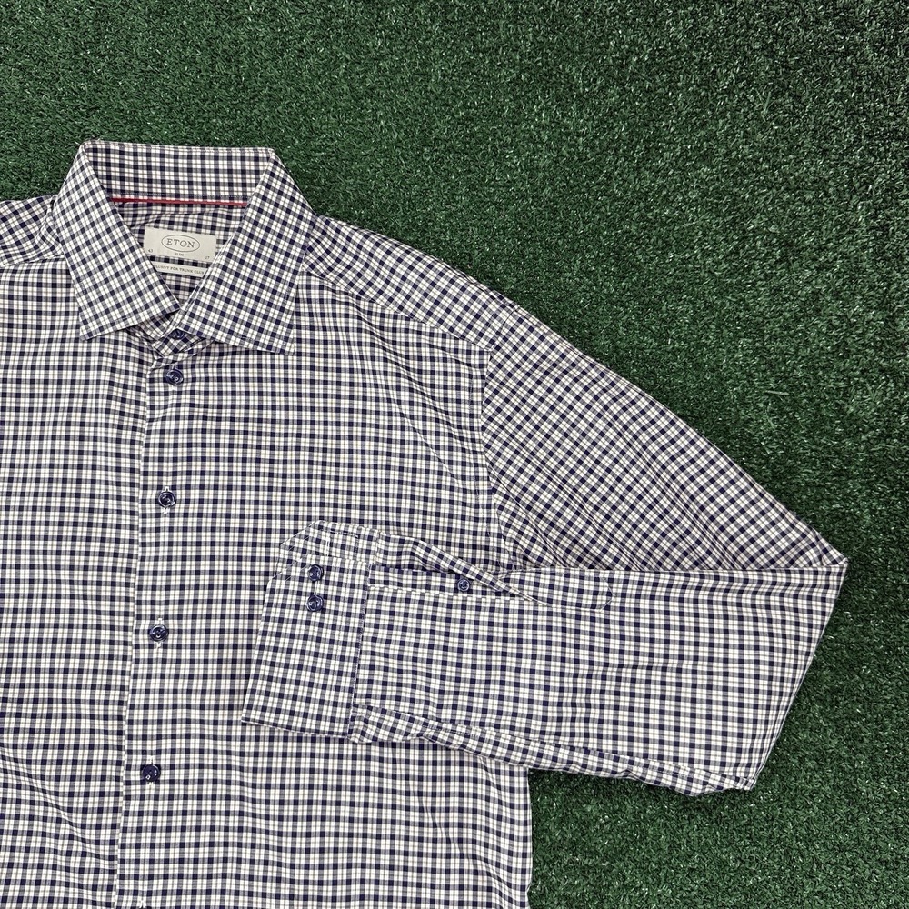 Eton Men's Long Sleeve Button Shirt Size 43 17 Blue Plaid Slim